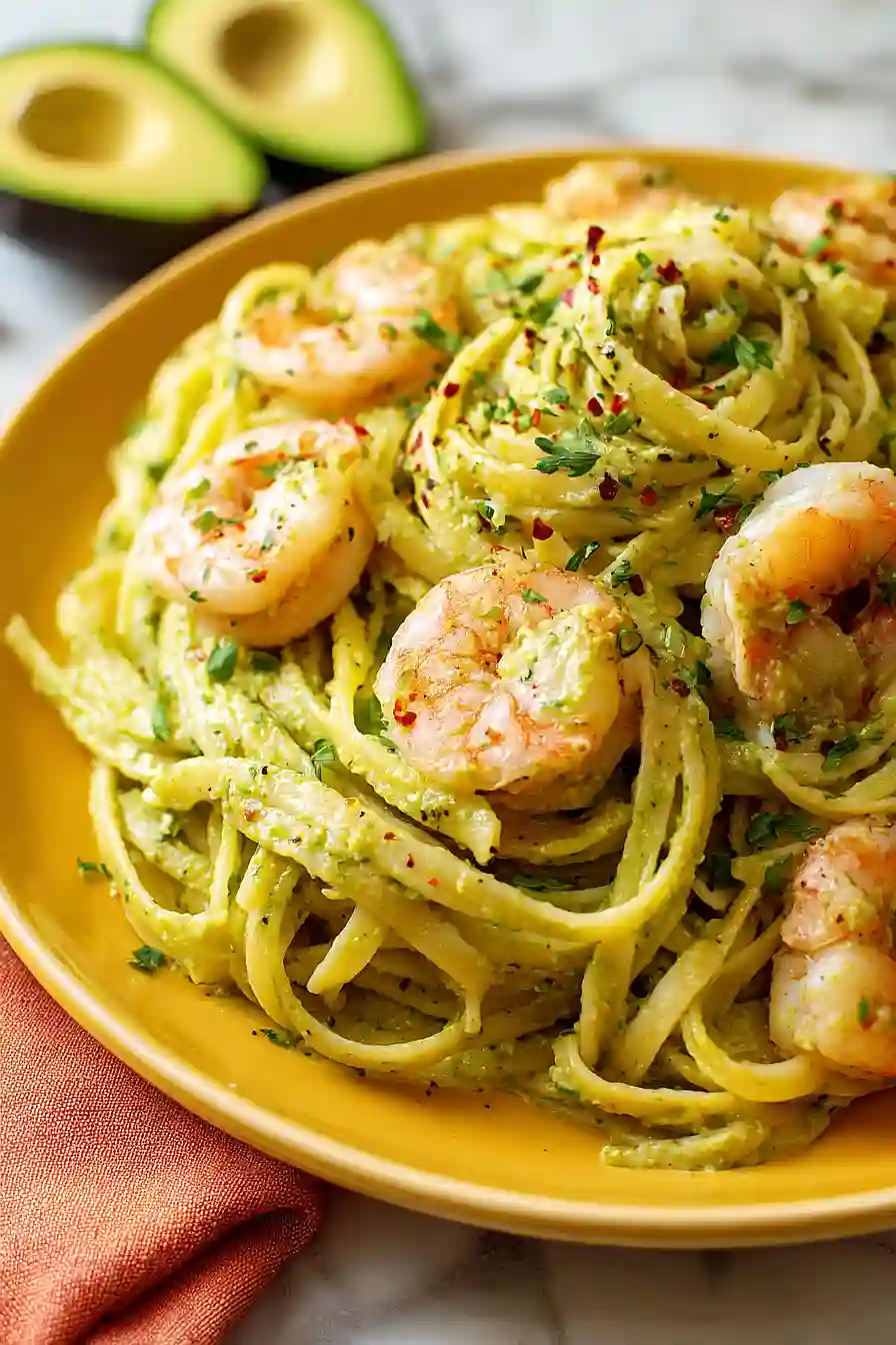 creamy avocado pasta with shrimp