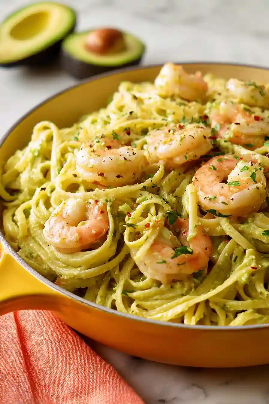 creamy avocado pasta with shrimp