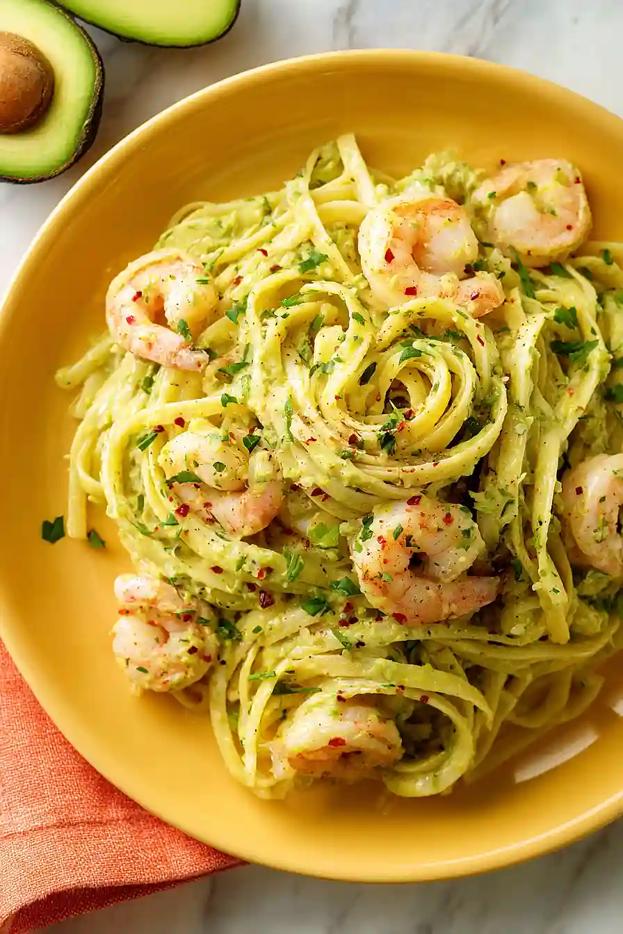 creamy avocado pasta with shrimp